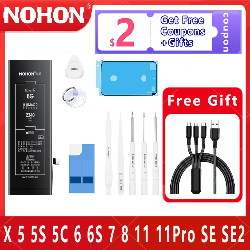 NOHON Battery For iPhone 5 5s 6 6S 7 8 Plus X SE SE2 SE3 11 11PRO 11PROMAX Replacement Mobile Phone Bateria  Free Tools